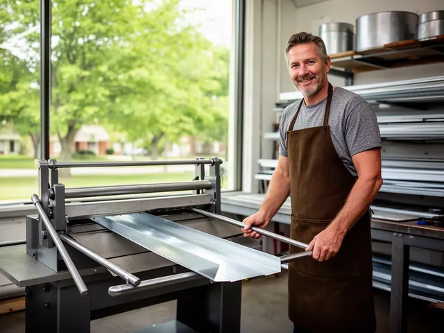 A sheet-metal shop owner bending a galvanized sheet on a new manual hand brake.