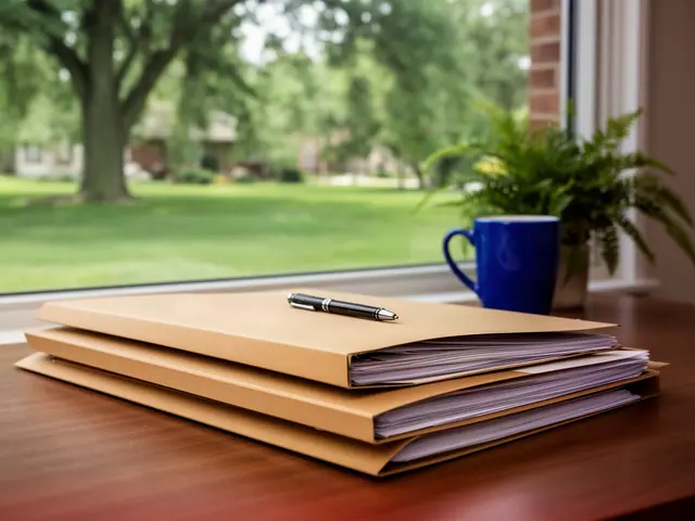 A neat stack of closed manila folders and a pen on a desk by a window.