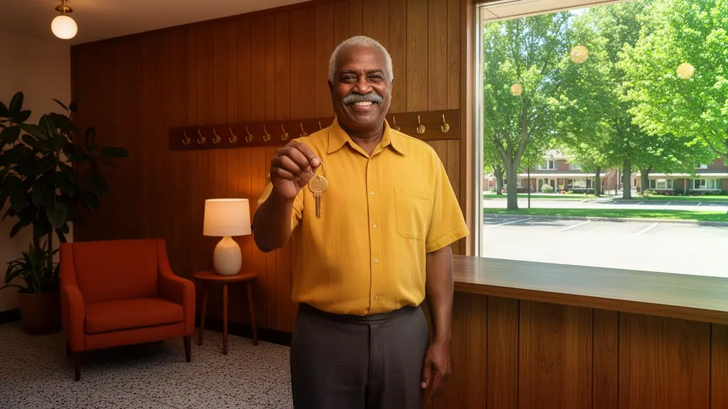 A smiling motel owner holding up a brass room key at a wood-paneled front desk in a mid-century lobby.