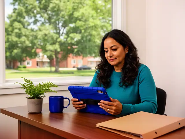 A woman with long dark wavy hair reviewing a tablet at a desk in a small back office.