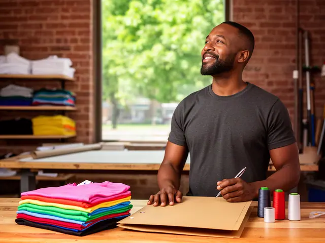 A man at a work table with a closed folder in a small custom T-shirt shop.